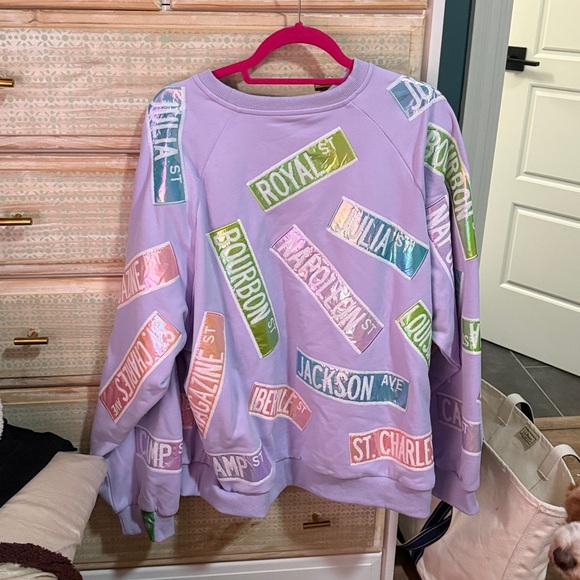 QUEEN OF SPARKLES Lavender Mardi Gras Metallic Street Signs Sweatshirt - Picture 2 of 4